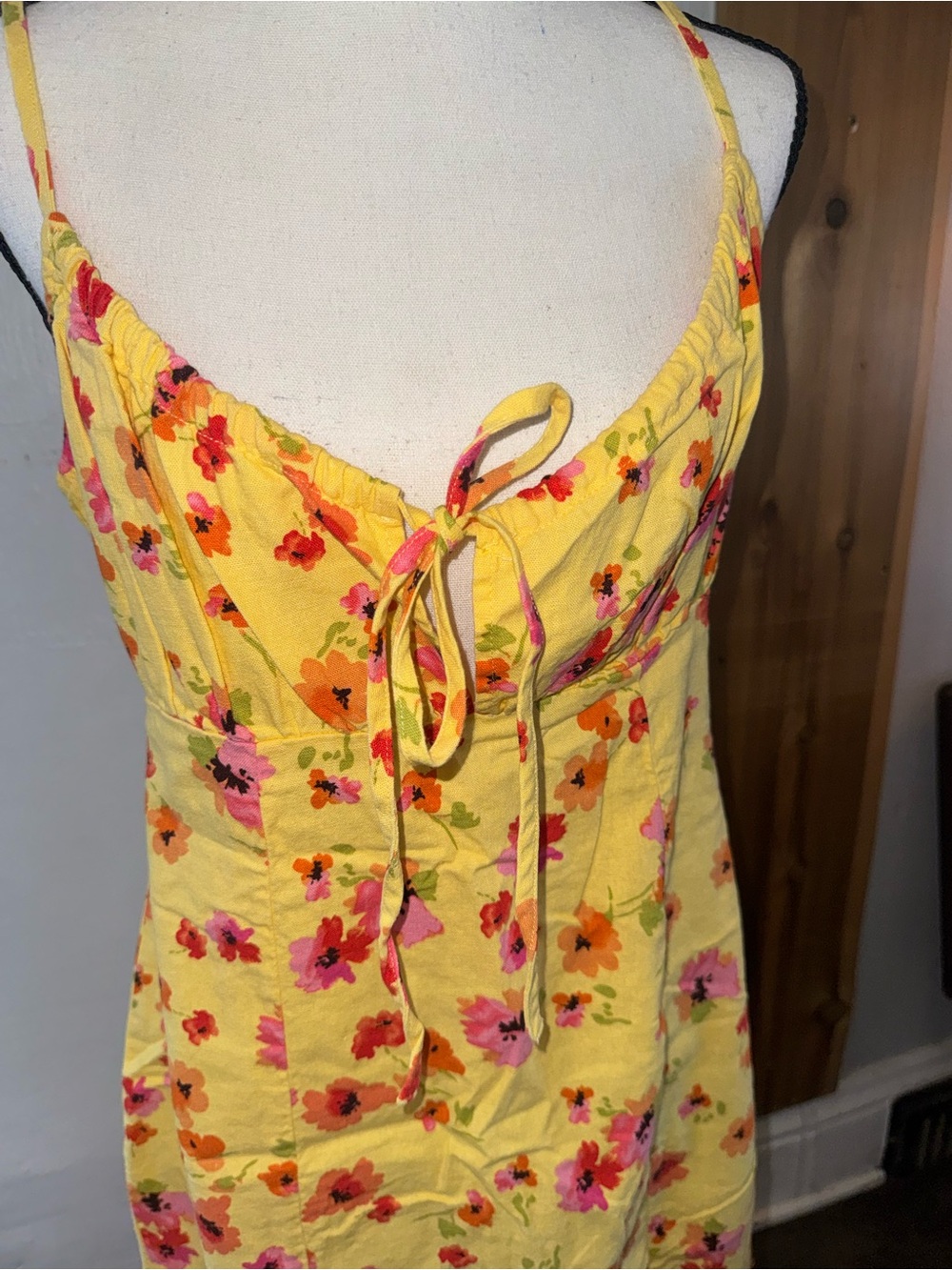Yellow Floral Tie-Front Spaghetti Strap Dress
